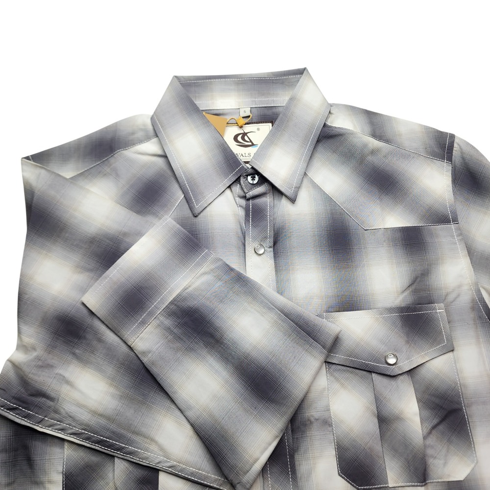 Coevals Club Men Grey Ombre Plaid Western Pearl Snap Shirt Long Sleeve Small NWT